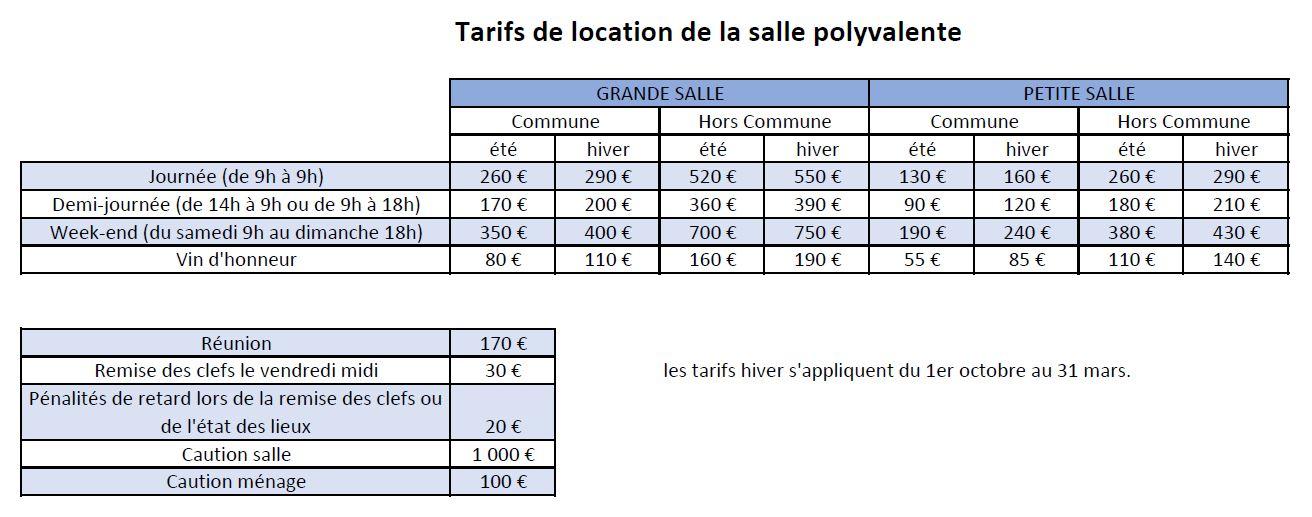 Tarifs salle des fetes